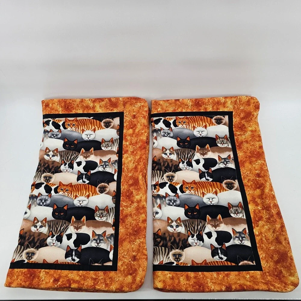 Handmade Pillow Shams Set of 2 Unisex 20X24 Orange Cat Print Zippered Folk Art